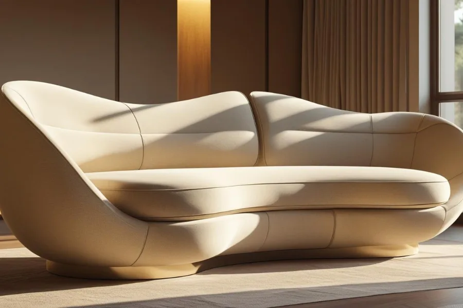 Sofa ruang tamu bergaya lengkung ikonik yang bisa ditemukan di furniture terdekat