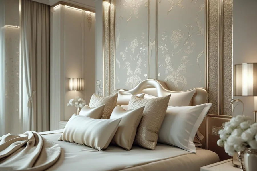 Wallpaper Kamar Tidur Mewah Berpola Lembut dan Dramatis
