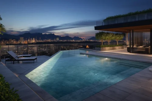 Kolam renang pribadi dan rooftop area pada rumah mewah