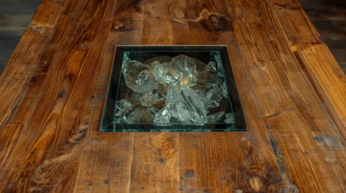 Meja Kayu dengan Aksen Kaca Tengah