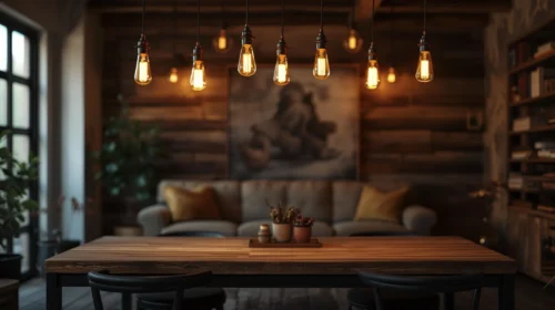 Perpaduan Furniture Kayu dan Lampu Gantung Edison