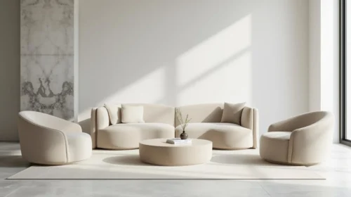 Penggunaan Furnitur Berbentuk Melengkung (Curved Edge) pada ruang tamu minimalis