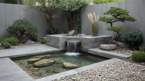 Taman dengan Elemen Air Terjun Minimalis