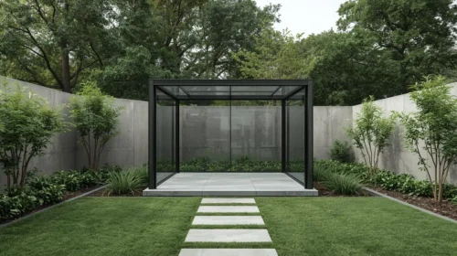 Taman dengan Gazebo Modern Beratap Kaca